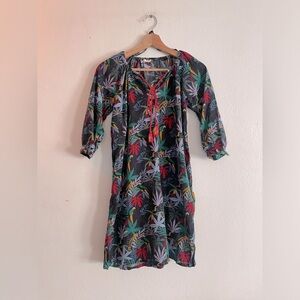 MONOPRIX Long Sleeve Cotton Jungle Print Tie Neck Tunic Dress